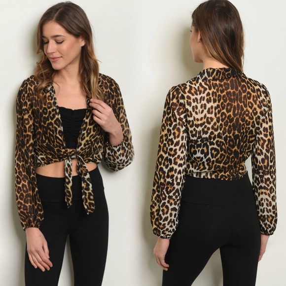 Tops - Leopard print chiffon polyester tie cardigan top